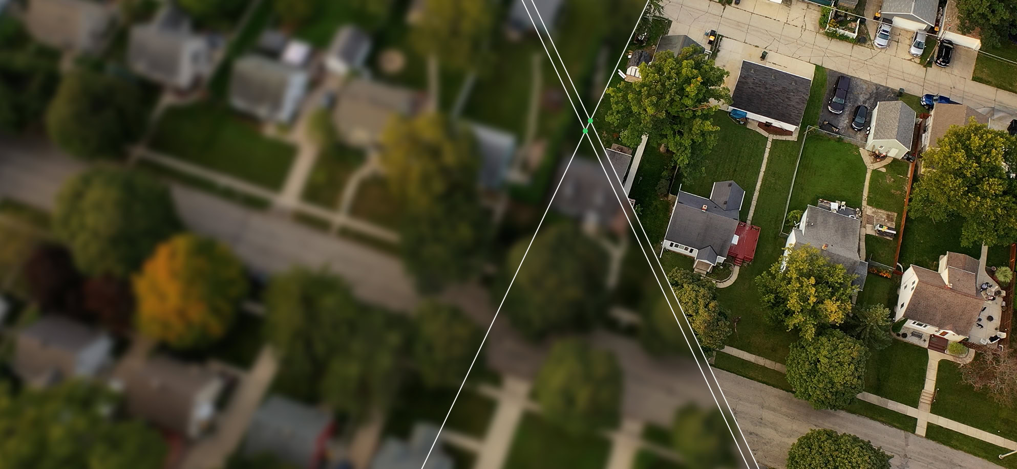 Aerial view of a residential neighborhood, divided by a diagonal line, highlights focus—ideal for showcasing expert services.
