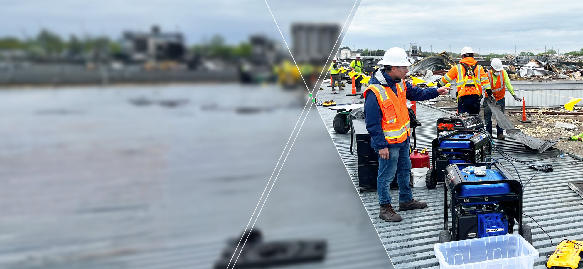 Workers in safety gear operate portable generators on a corrugated metal surface near rubble and water at an industrial site.